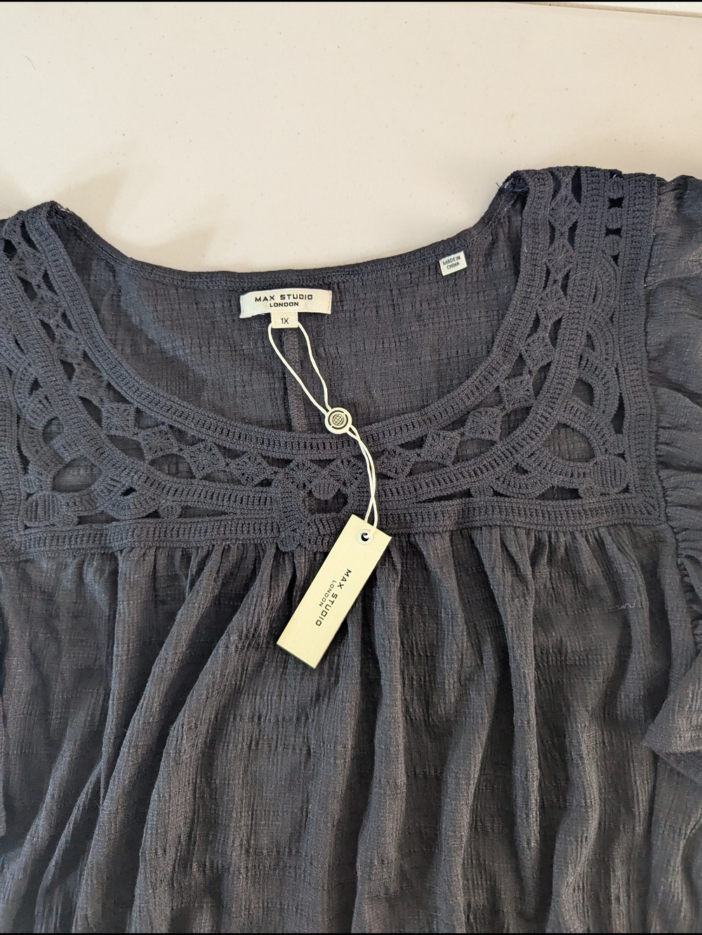 NWT Max Studio London 1X Black Crochet Boho Tiered Babydoll Tunic Dress Plus - Picture 4 of 7